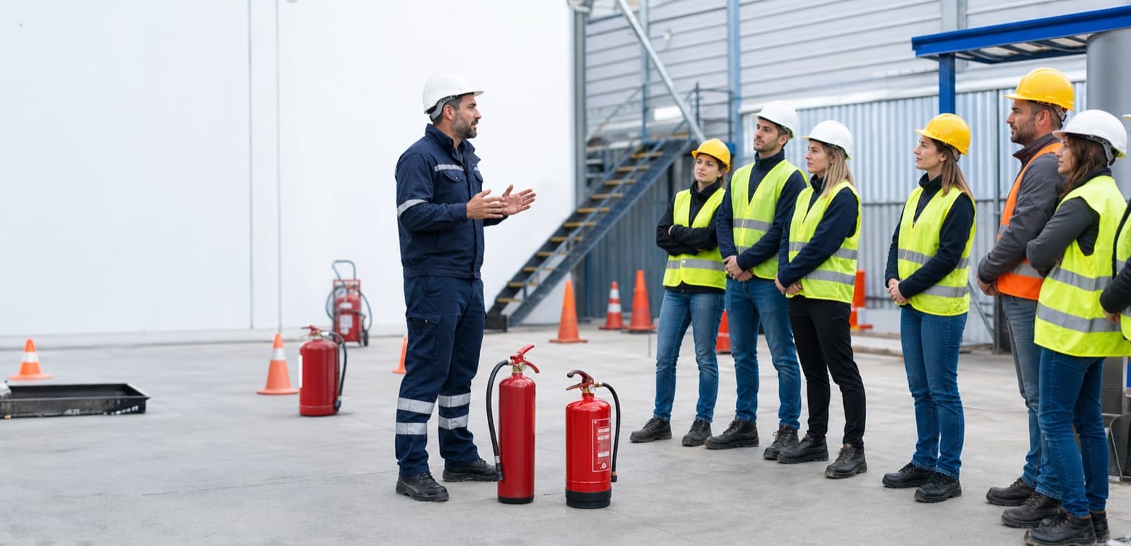 Instructor explicando una formación práctica de emergencias a un equipo de trabajadores